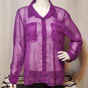 MUDD Chiffon Sheer Purple Blouse Black Stars Medium / Large